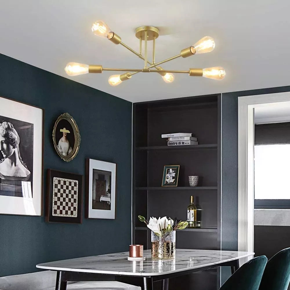 Lustre Para Sala Moderno Dourado 6 Lâmpadas