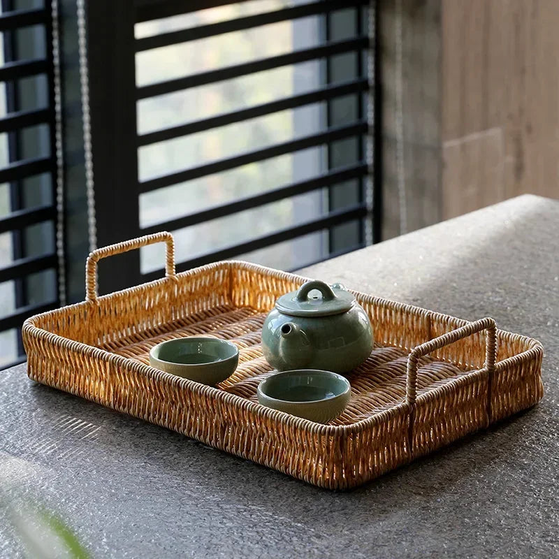 Bandeja Estilo Rattan com Alças para Servir, Decorar e Organizar Lavielle