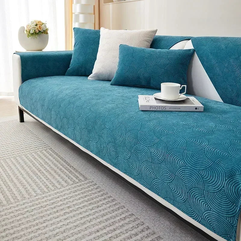 Capa de Sofá Chenille Jacquard Azul Antiderrapante com Relevo Lenogue