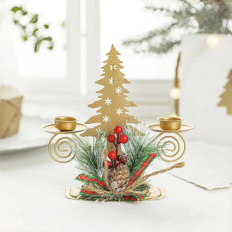 Castiçal de Ferro Dourado com Papai Noel e Rena Decoração Natal Lavielle