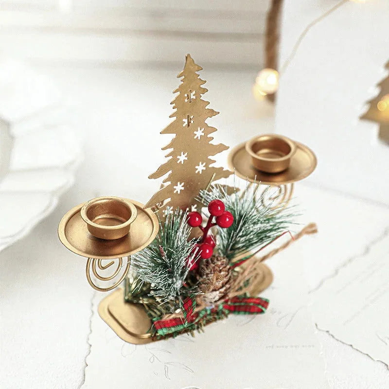 Castiçal de Ferro Dourado com Papai Noel e Rena Decoração Natal Lavielle