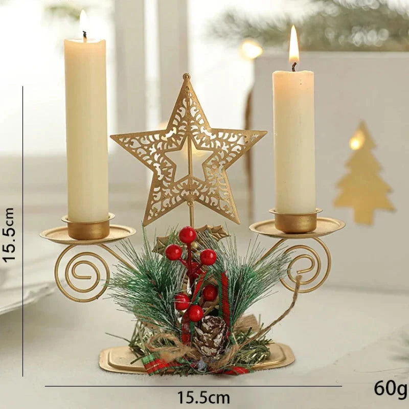 Castiçal de Ferro Dourado com Papai Noel e Rena Decoração Natal Lavielle