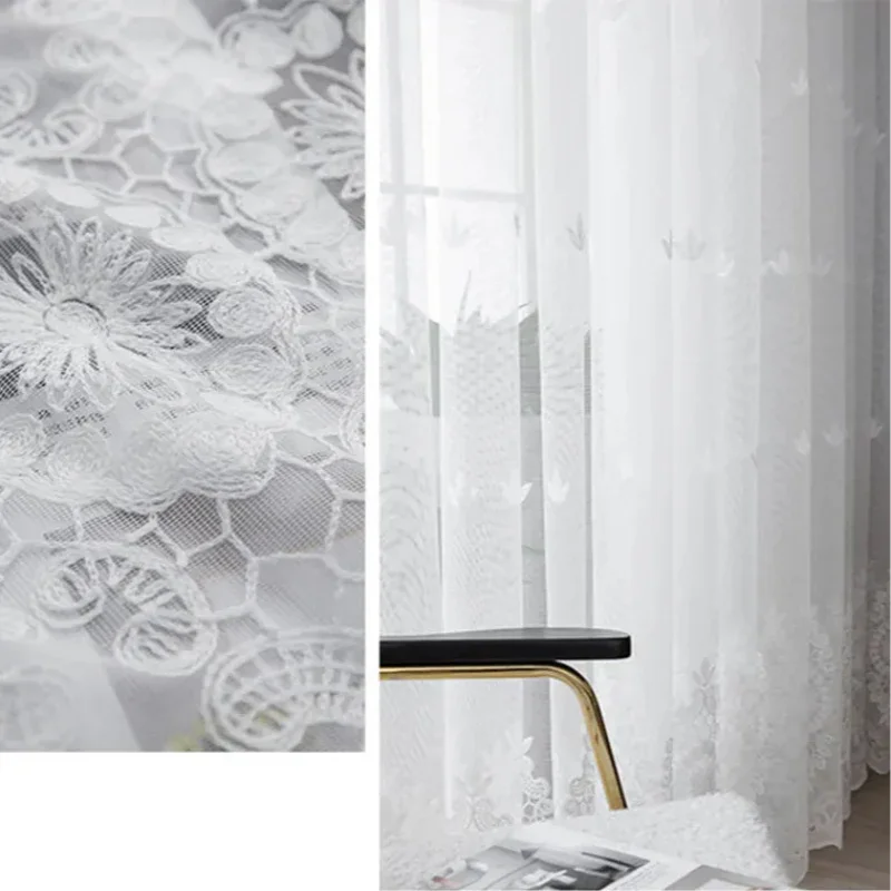 Cortina de Tule Branco com Bordado Floral para Sala e Quarto Lavielle