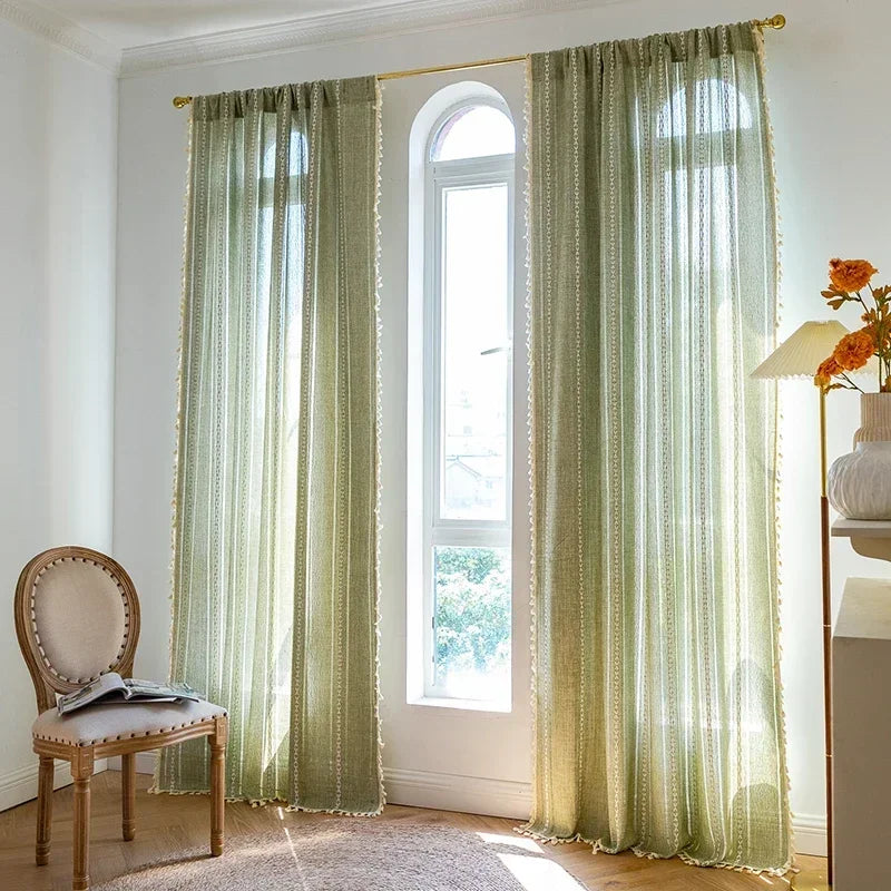 Cortina Verde Sage com Textura e Tassel para Quarto e Sala Lavielle