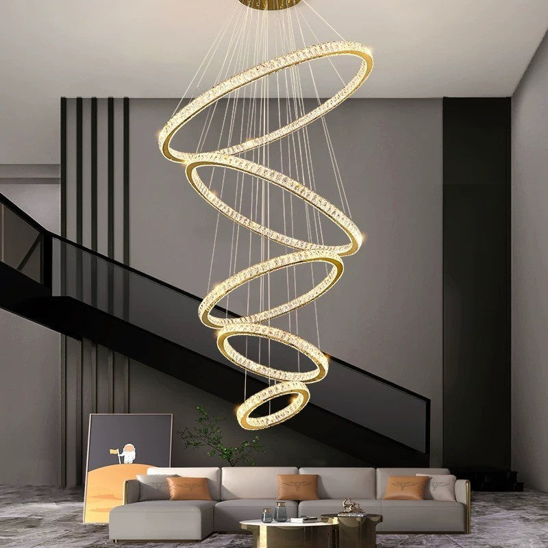 Lustre Pendente 5 Anéis LED 96W Dourado Duplo Bivolt Branco Quente