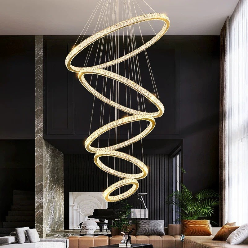 Lustre Pendente 5 Anéis LED 96W Dourado Duplo Bivolt Branco Quente