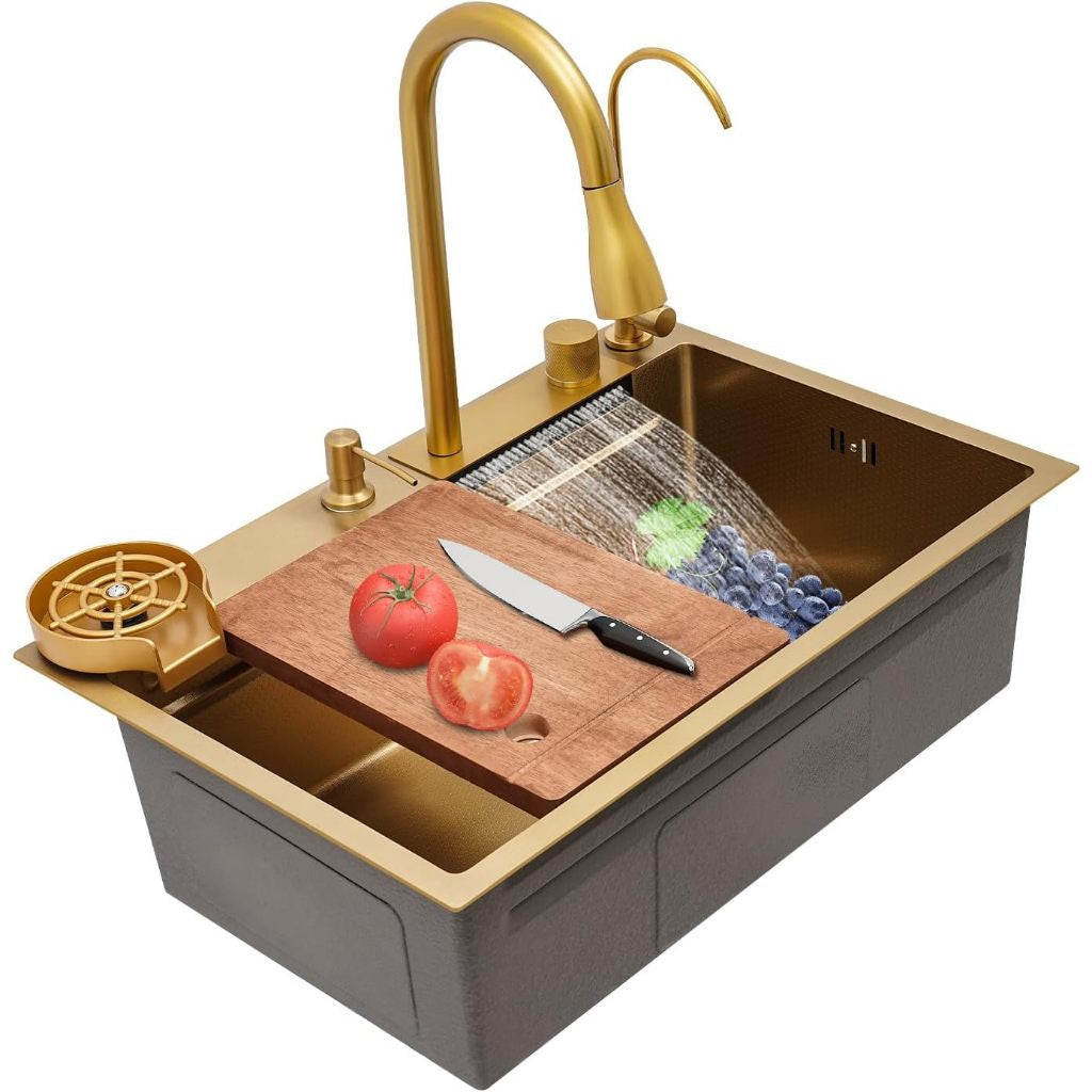 Cuba Pia Dourada Cozinha Gourmet Quadrada 75x45cm Aço Inoxidável 304 Com Acessórios Completos