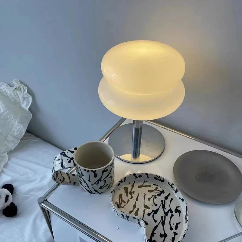 Luminária de Mesa Moderna Cogumelo Vidro e Inox