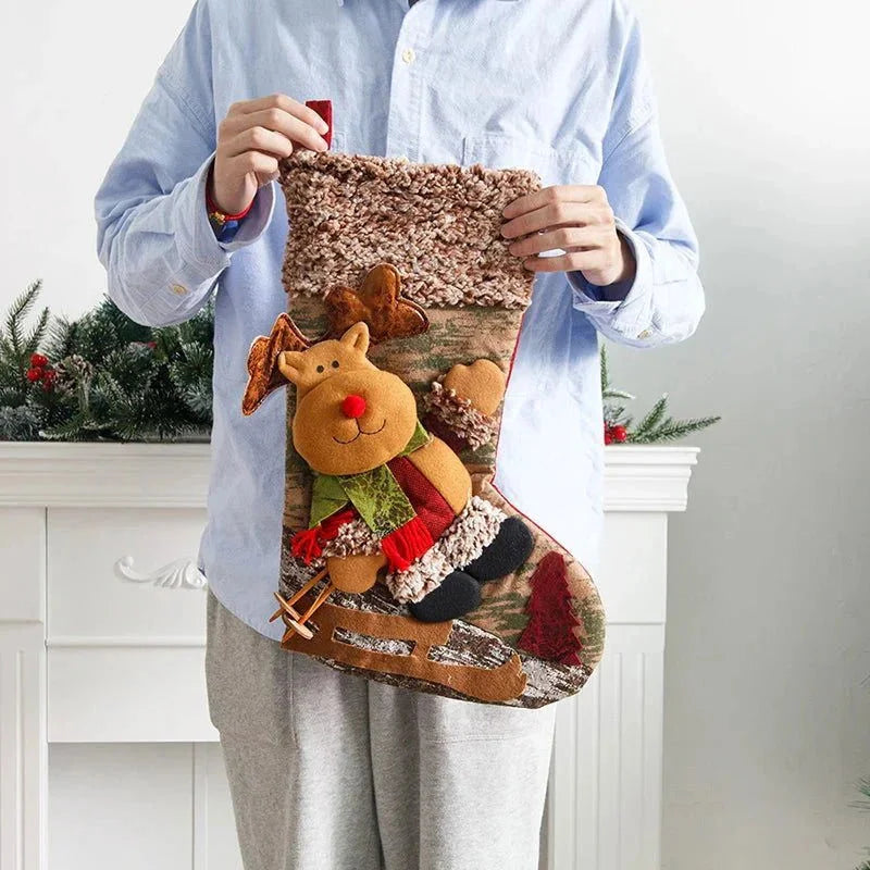 Meia Natalina Decorativa de Cânhamo e Flanela para Lareira 48cm Lavielle