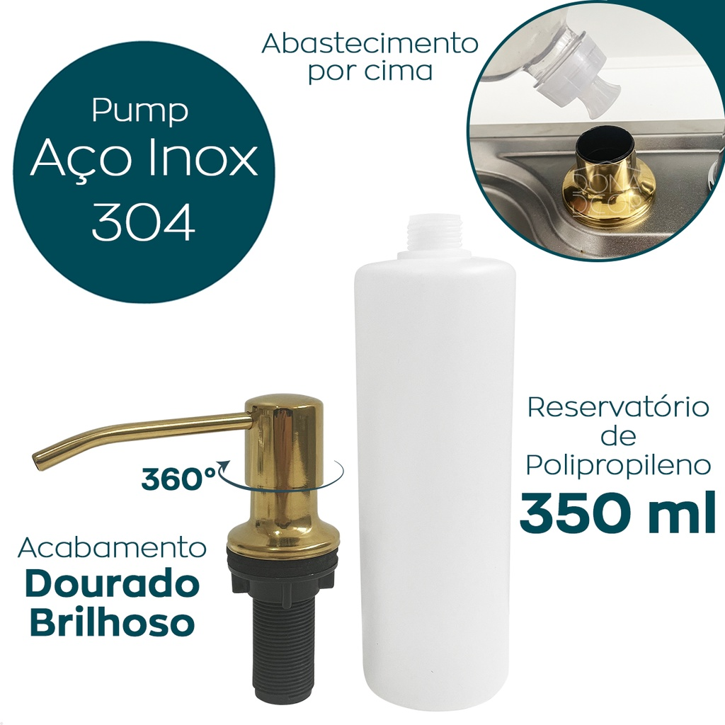Dosador Para Pia Dourado Brilhante Inox 304 Toque De Casa