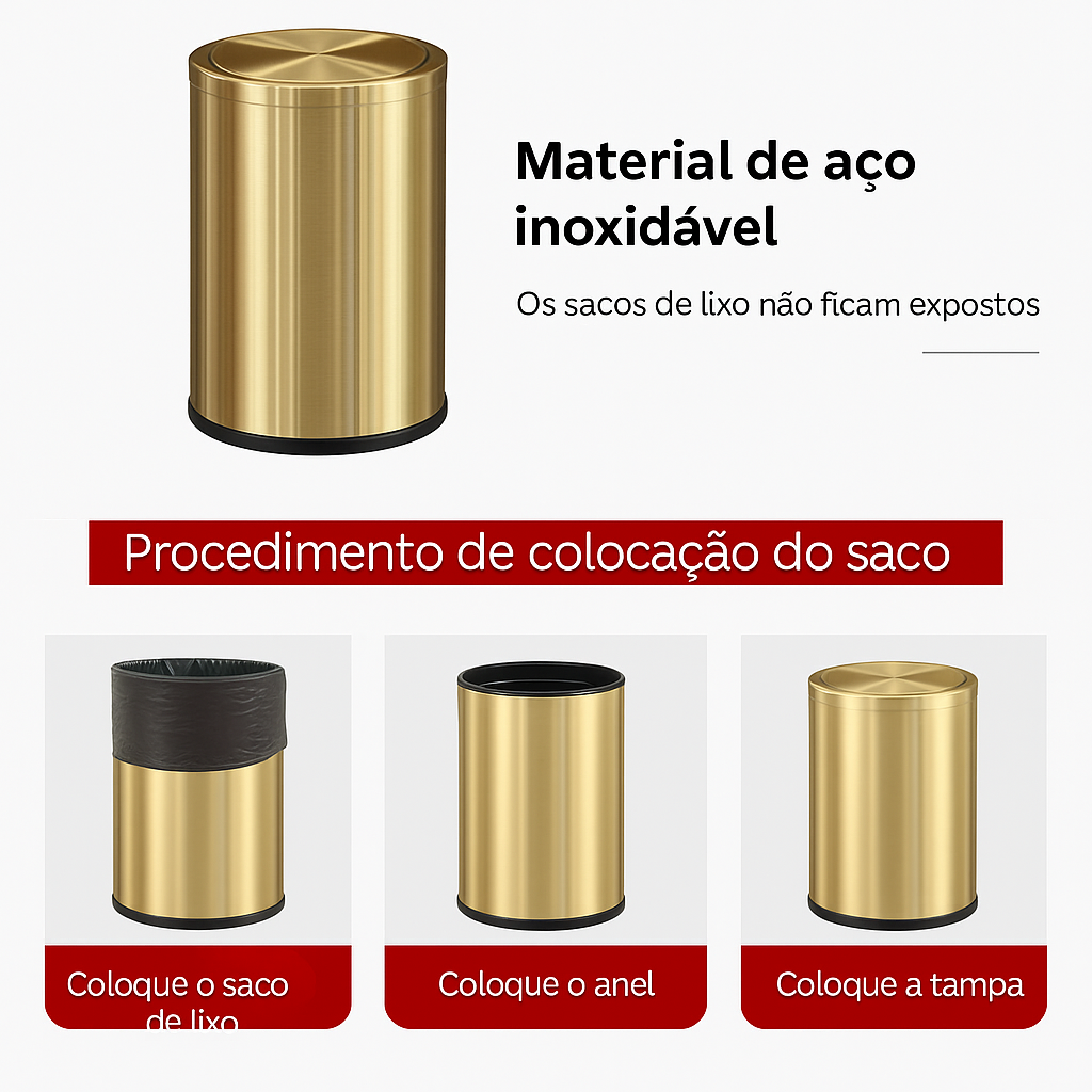 Lixeira Moderna Aço Inoxidável 9 Litros Dourado