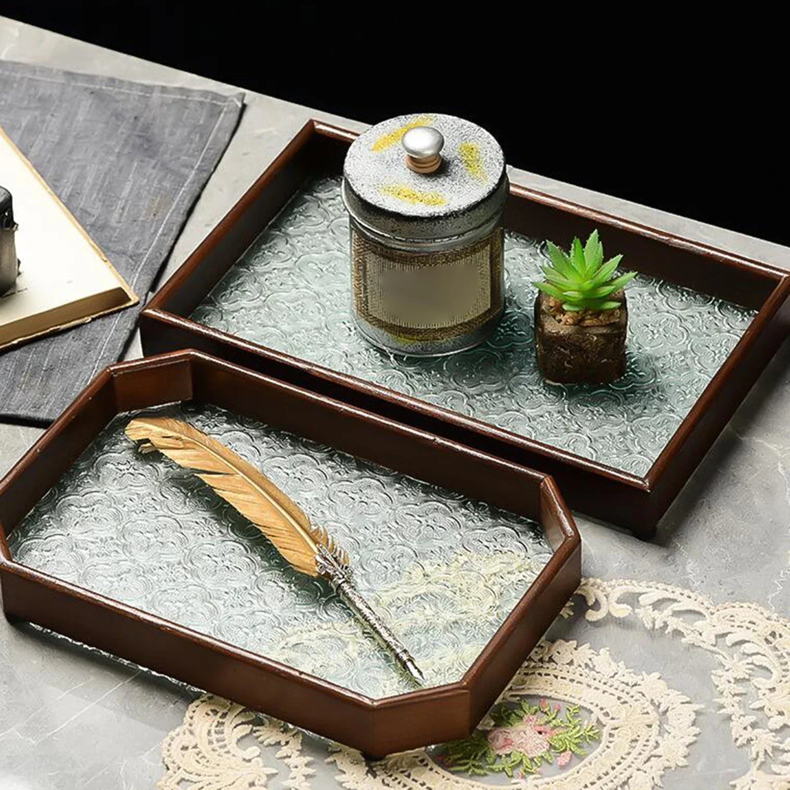 Bandeja Organizador de Vidro com Base Floral para Copos e Lanches Lavielle