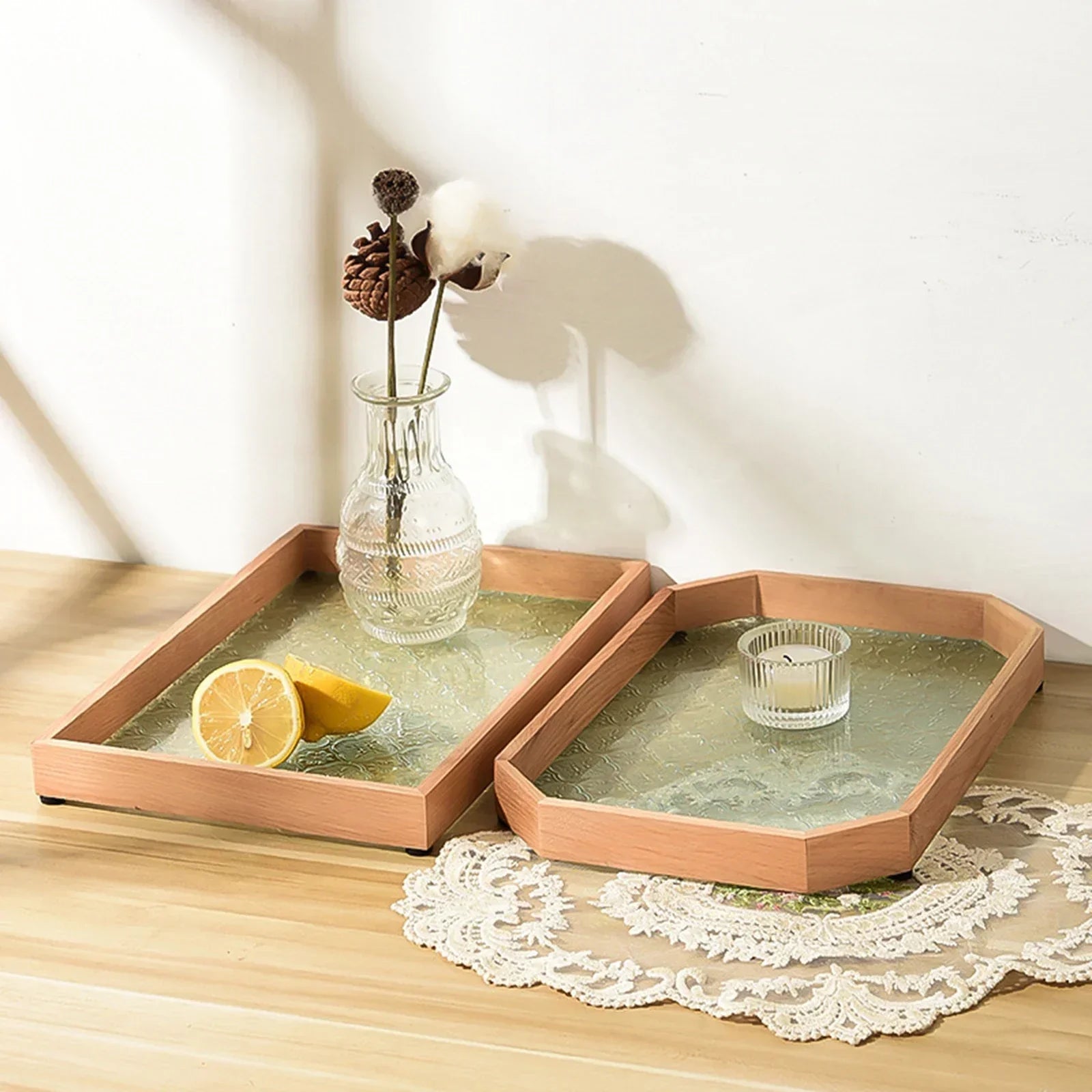 Bandeja Organizador de Vidro com Base Floral para Copos e Lanches Lavielle