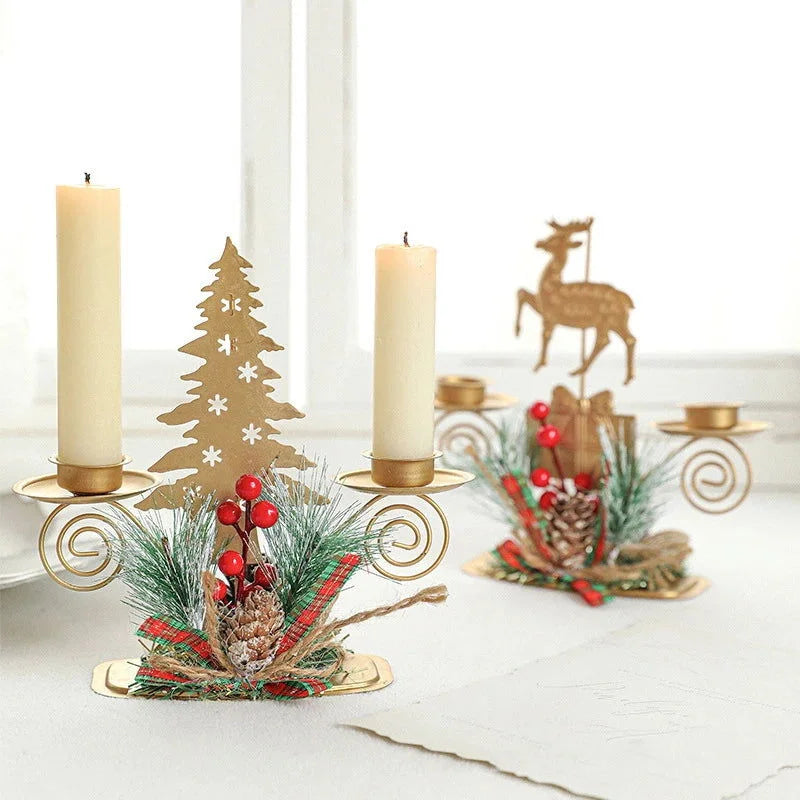 Castiçal de Ferro Dourado com Papai Noel e Rena Decoração Natal Lavielle