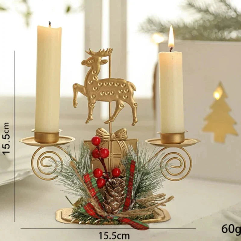 Castiçal de Ferro Dourado com Papai Noel e Rena Decoração Natal Lavielle