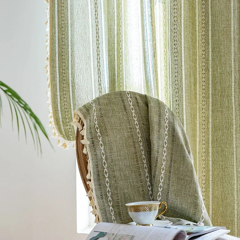 Cortina Verde Sage com Textura e Tassel para Quarto e Sala Lavielle