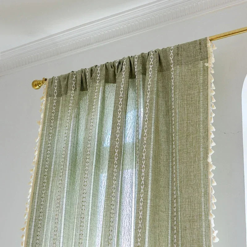 Cortina Verde Sage com Textura e Tassel para Quarto e Sala Lavielle