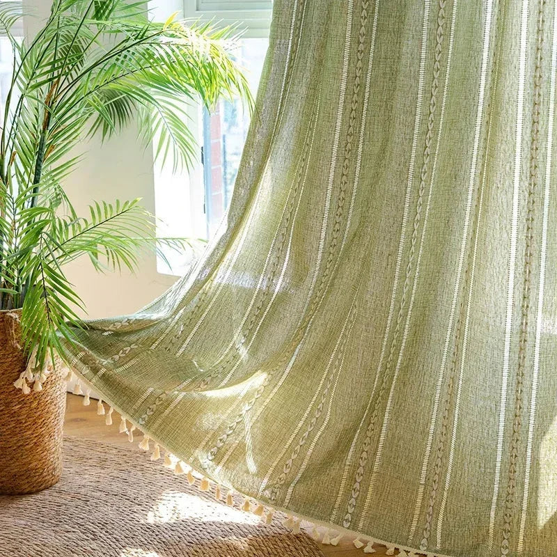 Cortina Verde Sage com Textura e Tassel para Quarto e Sala Lavielle