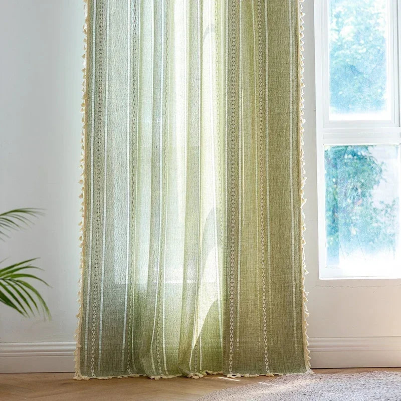Cortina Verde Sage com Textura e Tassel para Quarto e Sala Lavielle