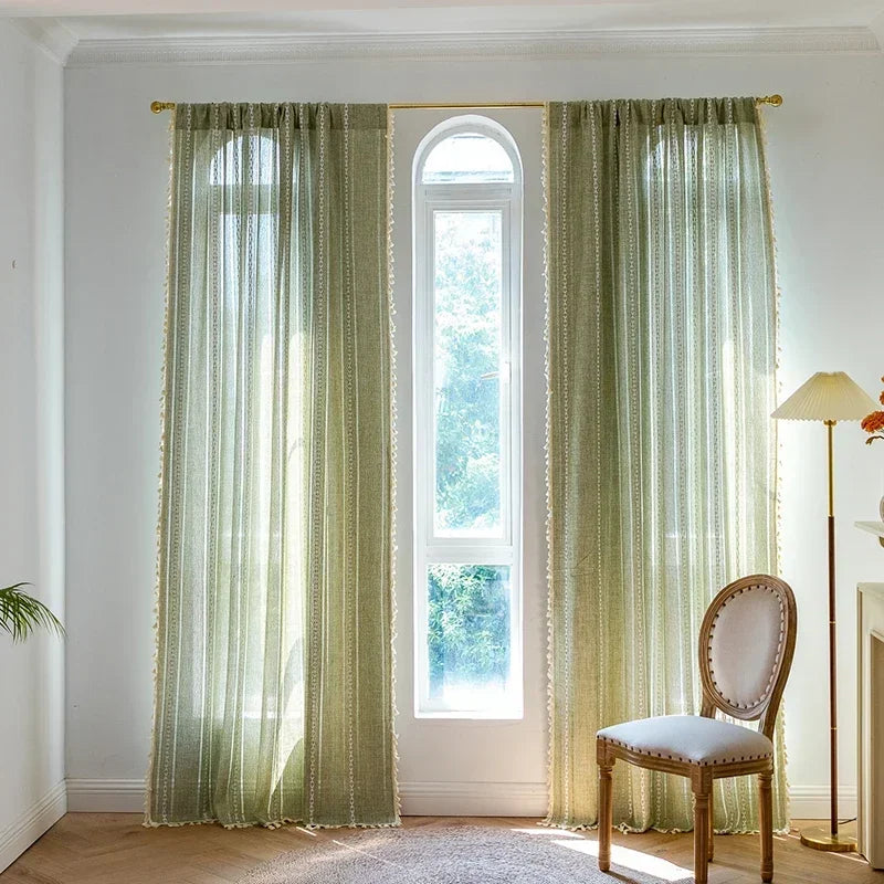 Cortina Verde Sage com Textura e Tassel para Quarto e Sala Lavielle