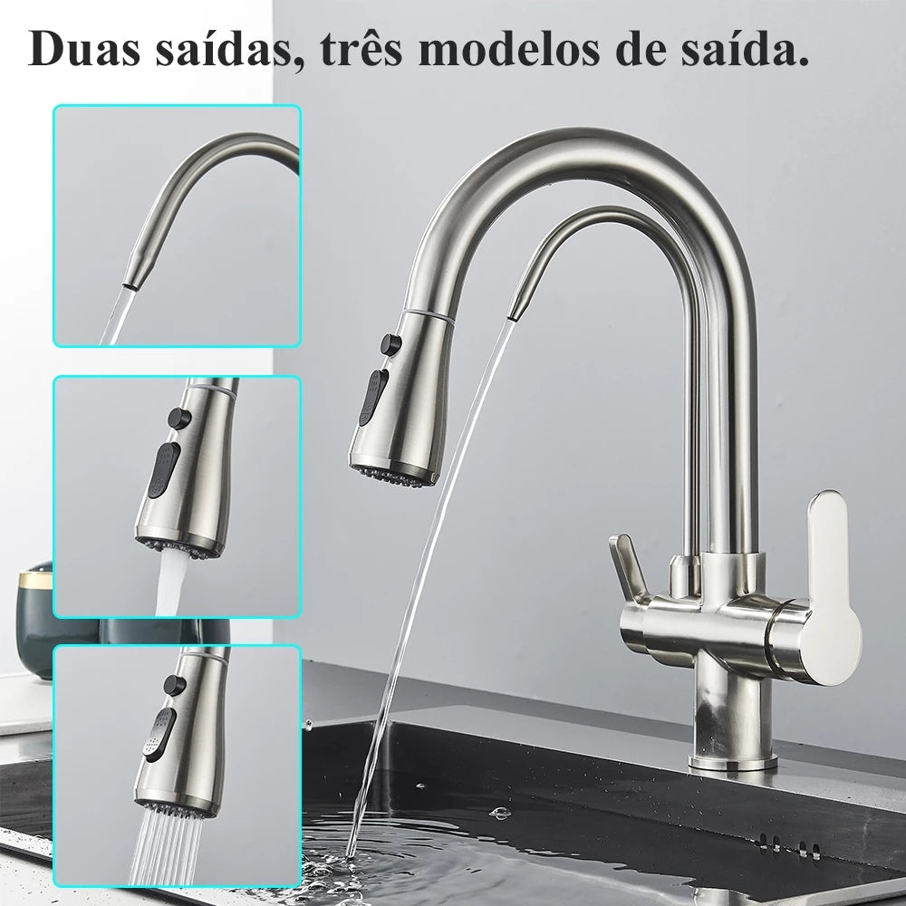 Torneira Para Cozinha Gourmet Monocomando Dupla Função Filtro Jato Extensível Aço Escovado