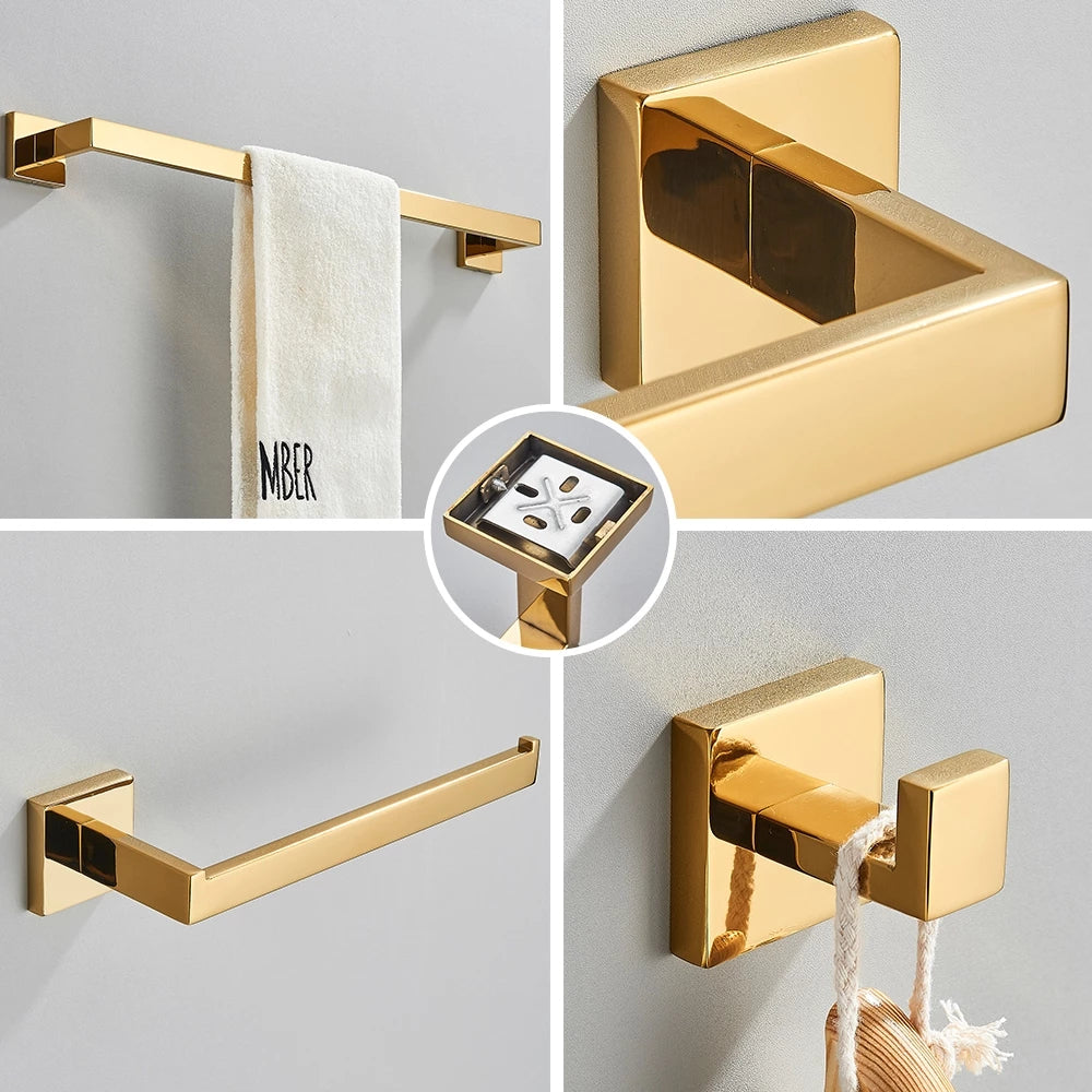 Kit Acessórios Para Banheiro Completo 4 Peças Inox 40/60cm Toalheiro De Banheiro Dourado Escovado
