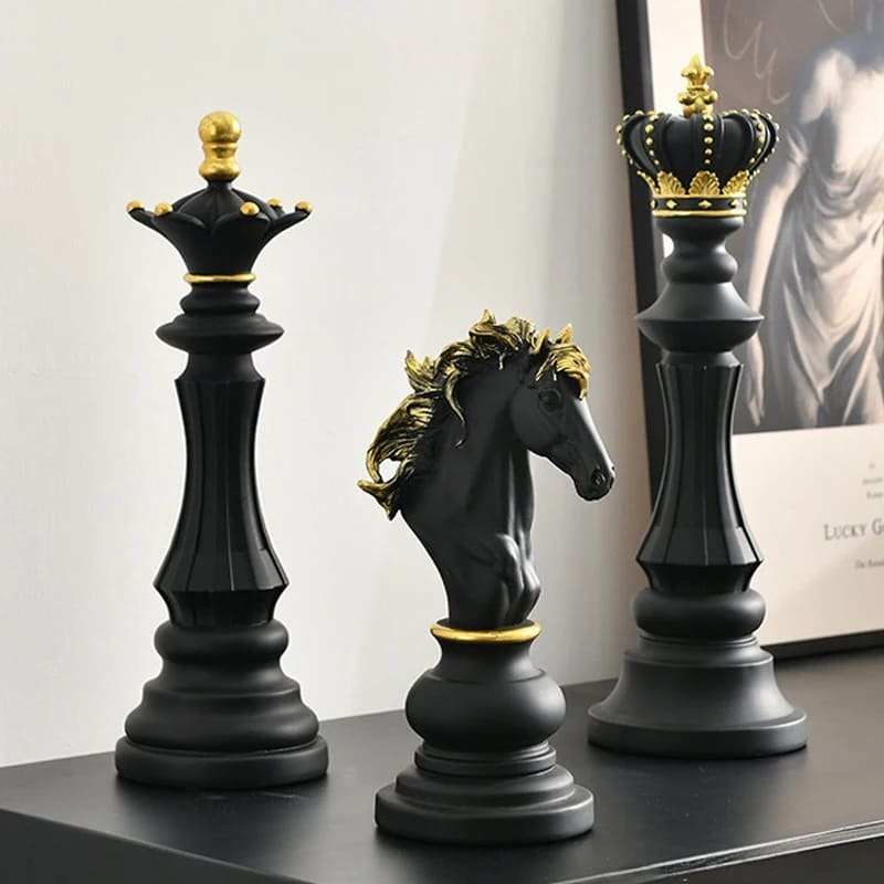 Conjunto 3 Peças Estatuetas Decorativas Peças de Xadrez Preto em Resina
