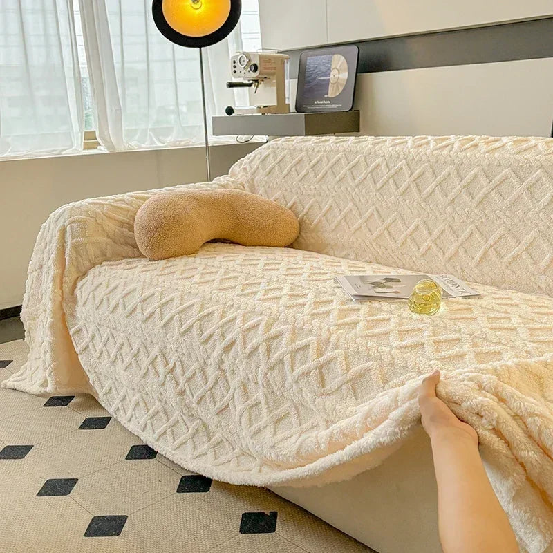 Manta Coral Bege Claro Fleece Grossa para Sofá e Sala de estar Lavielle